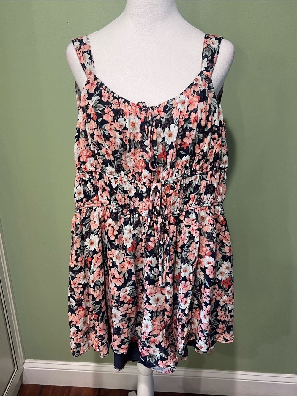 NWT Floral Drawstring Romper - Navy with Pink & White Flowers